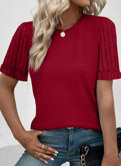 SHEWIN Women's Short Sleeve Summer Tops Crewneck Knit Solid Loose Casual Basic T Shirts Tee Blouses