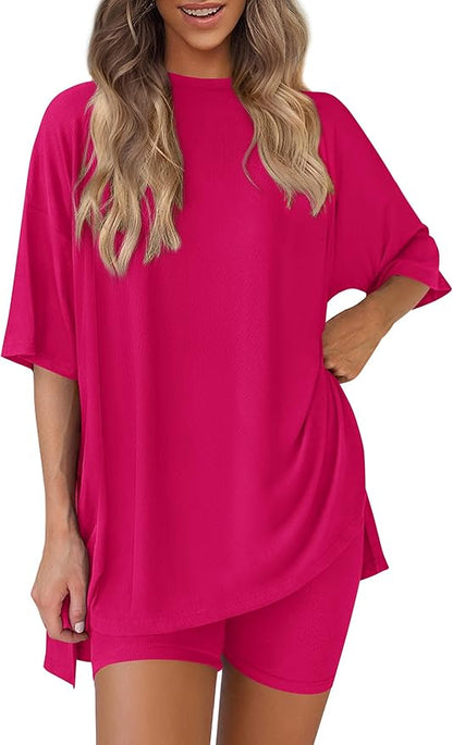 PRETTYGARDEN Women 2 Piece Lounge Set 2026 Summer Casual Oversized Shirts Biker Shorts Matching Airport Travel Outfit Clothes