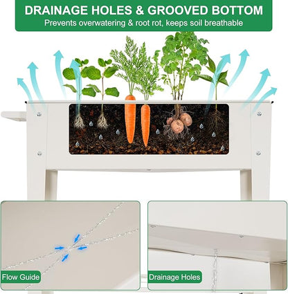Elevated 32" Tall Raised Garden Bed with Legs and Wheels for Mobility, Metal Planter Boxes Outdoor with Shelf, Raised Bed for Gardening Vegetables/Herbs, Backyard, Patio, Balcony, White