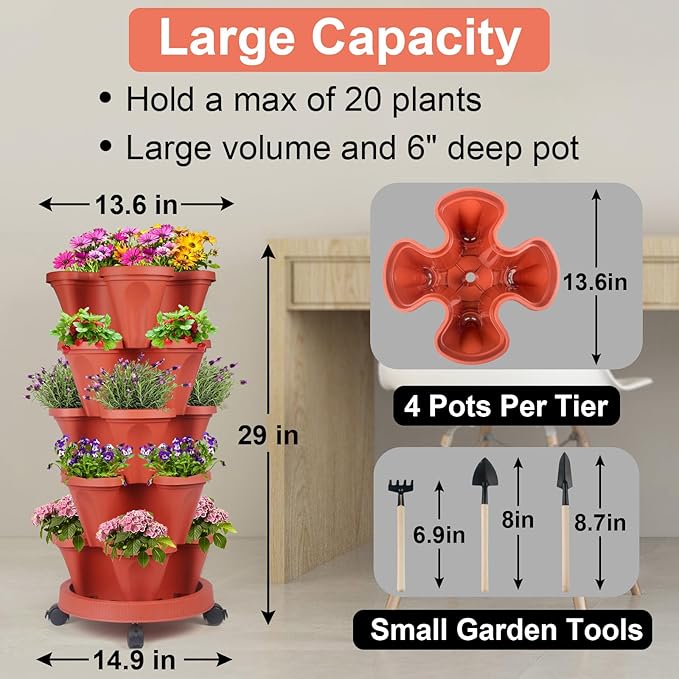 DUNCHATY 5 Tier Plant Pot, Vertical Garden Planter, Strawberry Planter, Indoor/Outdoor Planters, 2 Set, Brick Red, 29 x 13.6 x 13.6 inches