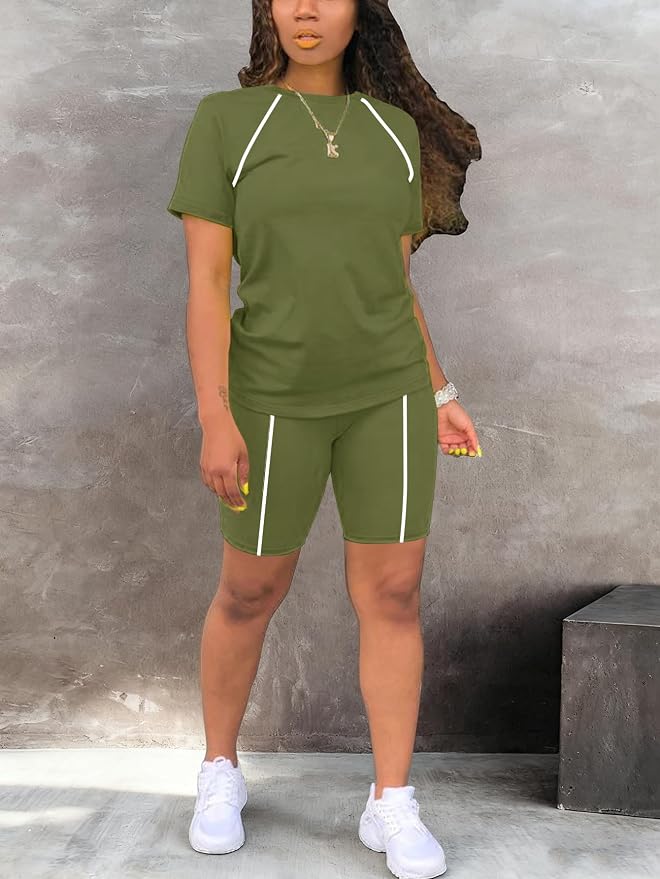STOLKISS Women 2 piece Short Sets Classic Striped Outfits Summer Casual Short Sleeve T-Shirt and Short Jogger Tracksuits Sets