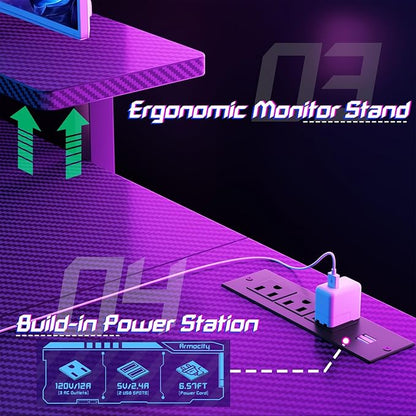 Gaming Desk with Shelves and Outlets, L Shaped Gaming Desk with LED Lights, Reversible L Shaped Computer Desk for Gamer, Carbon Fiber Black, 47"