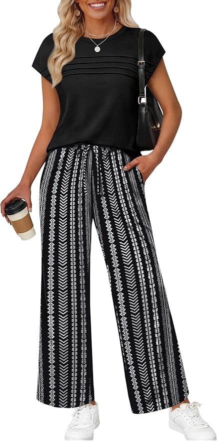 WIHOLL Two Piece Set for Women Summer Spring Outfits Matching Sets Women Clothing Airport Travel Vacation Wide Leg Pants