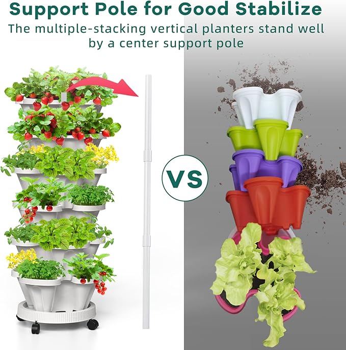 6 Tiered Strawberry Vertical Planters, Stacking Tower Garden with Support Pole, Stackable Herb Vegetable Planters Indoor and Outdoor - White