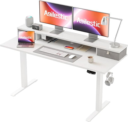 55 x 24 Inches Electric Standing Desk with 2 Storage Drawers, Stand Up Desk Adjustable Height, Sit and Stand Computer Table with Splice Board, White