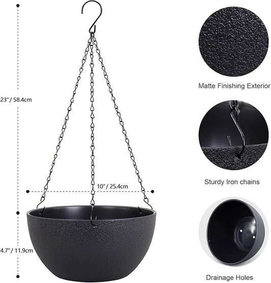 10 inch Hanging Planters for Indoor Outdoor Plants, 2 Pack Hanging Flower Pots with Drainage Holes and Chain for Garden Porch, Round Plastic Hanging Baskets for House Plants, Black