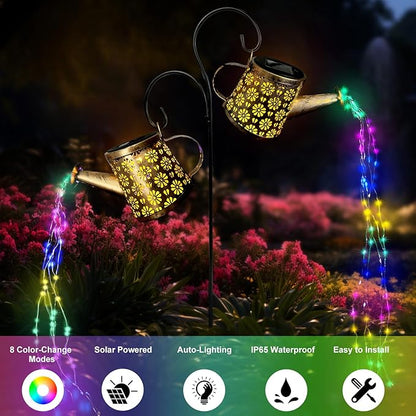 Solar Watering Can Lights Outdoor, IP65 Waterproof Garden Decor Solar Garden Light 8 Multi-Color Changing Modes One Pole Two Lights Outdoor Decorations for Yard, Lawn, Patio