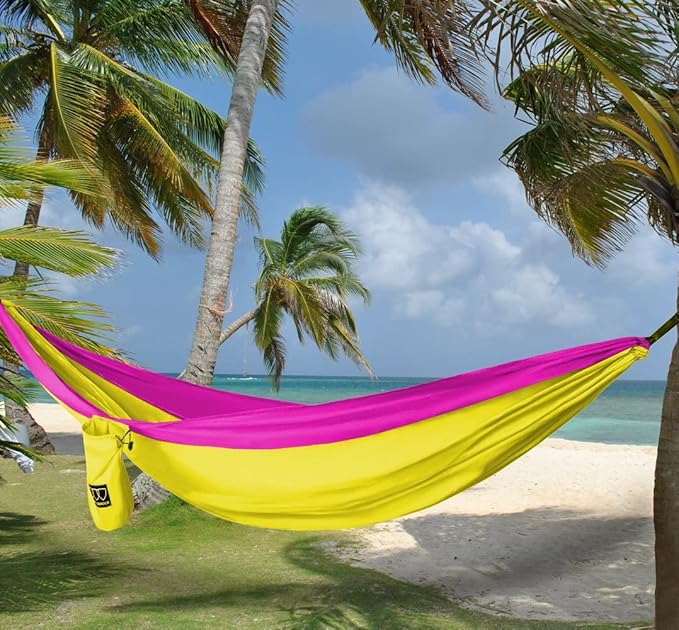 Gold Armour Camping Hammock - XL Double Hammock Portable Hammock Camping Accessories Gear for Outdoor Indoor with Tree Straps, USA Based Brand (Yellow and Pink)