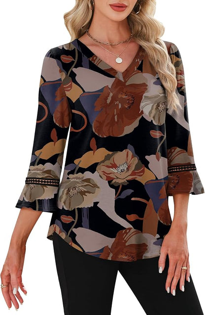 WIHOLL Womens Blouses Dressy Casual 3/4 Length Sleeve Tops Lace Trendy 2026 Spring Summer V Neck Shirts Vacation Outfits
