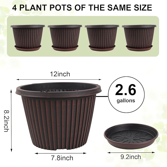 Large-Planter-Indoor-Outdoor Plant Pots, 12 inch 4 Pack Plastic Flower Pots with Saucer And Drainage Holes, Modern Garden Planters For Planting Medium Large Plants， Decorative Resin Garden Pots