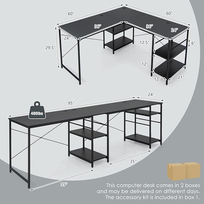 L-Shaped Home Office Desk, Corner Computer Desk w/Monitor Stand, Reversible PC Desk w/Heavy-Duty Metal Frame, Long Office Desk for 2 Person, Space-Saving Design (Black)