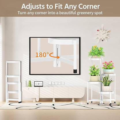 LASZOLA 4 Tiered Folding Plant Stand Indoor for Multiple Large Planter, Tall Heavy Duty Adjustable Rack with Rust Proof Plastic Shelving, Sturdy Vertical Tree Organizer for Narrow Inside Floor, White