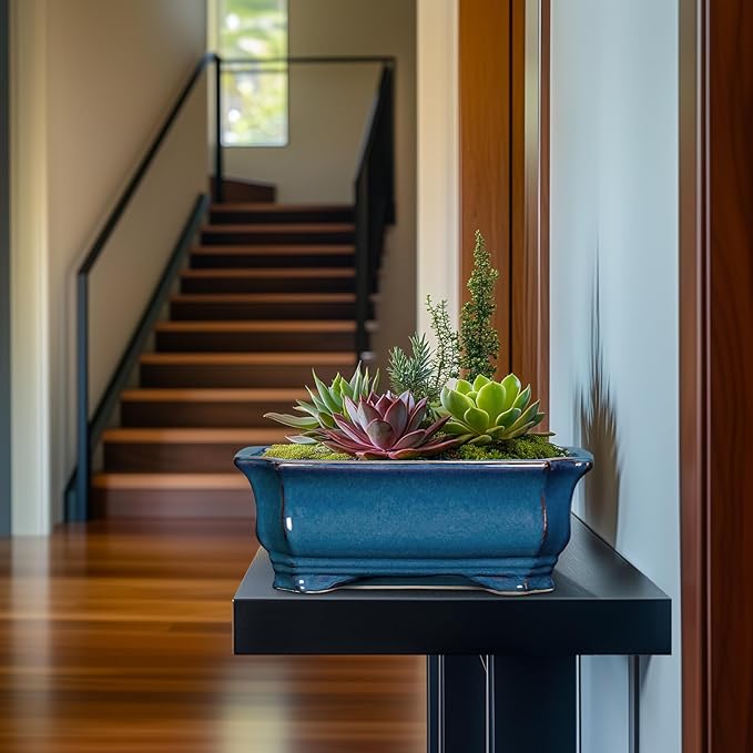 Bonsai Tree Pot - 13.7 Inch Large Ceramic Succulent Planter for Indoor Outdoor, Rectangle Plant Pot with Drainage Hole, Decorative Flower Pots, Home Decor, Gifts for Plant Lovers, Retro Blue