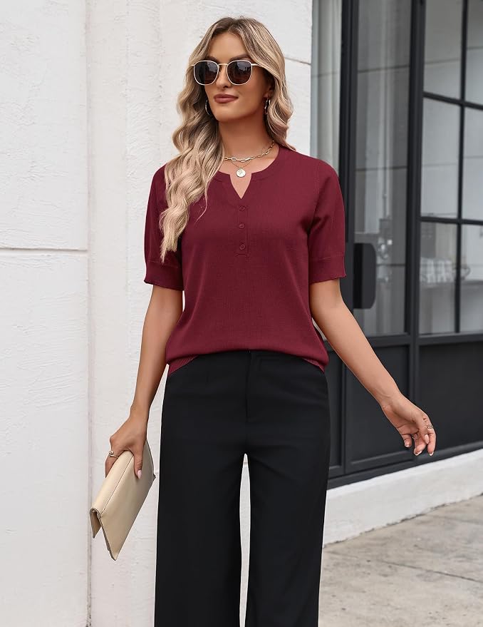 Zeagoo Women's Short Sleeve Sweater 2026 Spring Summer Tops Lightweight Casual V Neck Sweaters Dressy Work Blouses Clothes