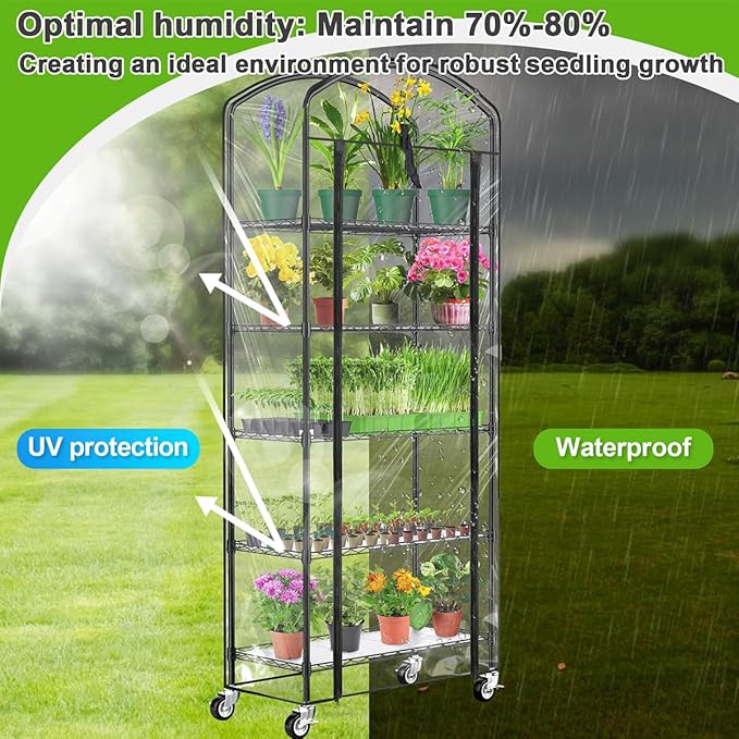 Abimars 5-Tier Greenhouse with Caster Wheel, Each Shelf Height Adjustable Metal Plant Shelf with PVC Cover for Seed Starting Trays, Seedling Pots, Plant Pots, 13x29x73inch