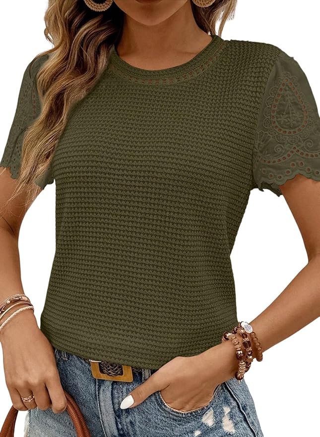 SHEWIN Womens Frenchy Summer Tops Crewneck Short Sleeve T Shirts Casual Waffle Knit Jacquard Blouses Top Shirts