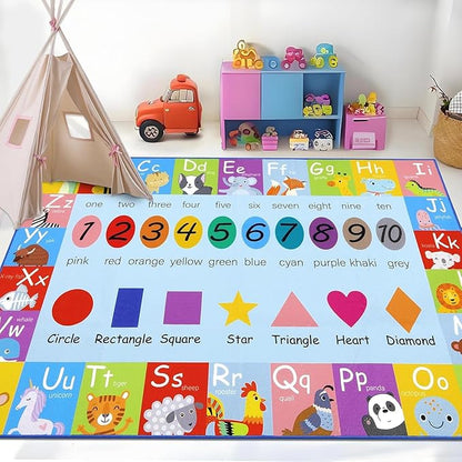 HEBE Kids Play Rug 3'4"x5' ABC Alphabet Numbers Shapes Educational Kid Area Rug Washable Baby Crawling Mat Non Slip Kid Play Mat Carpet for Girl Boy Bedroom Playroom