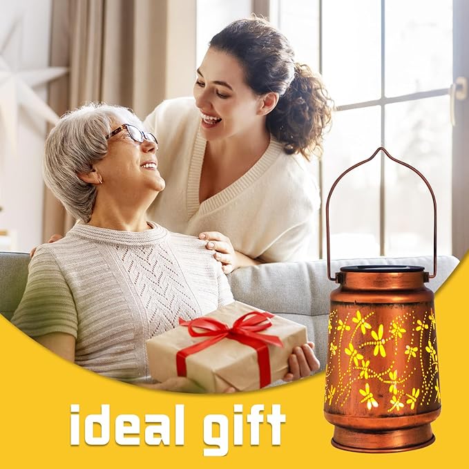 Dragonfly Birthday Gifts for Women Mom Grandma Solar Lanterns Outdoor Waterproof Garden Decor Metal Hanging LED Decorative Light for Patio Yard Lawn Backyard Front Porch Gardening Gifts