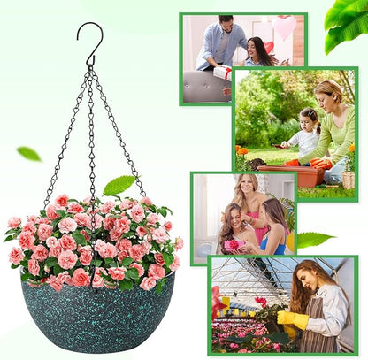 10 inch Hanging Planters for Indoor Plants, 2 Pack Planters for Outdoor Plants with Drainage Holes and Chain, Round Plastic Hanging Baskets, Hanging Flower Pots for Balcony Garden Decor-Black Speckle