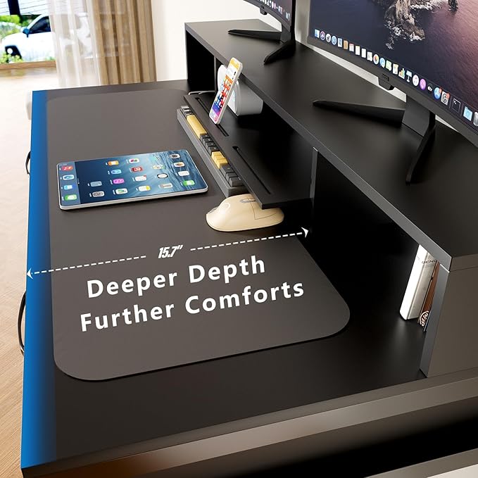 Computer Desk with Drawers, 47" Home Office Desk with Monitor Shelf, Writing Desk with Storage, Gaming Desk Work Desk Study Desk for Bedroom, Black