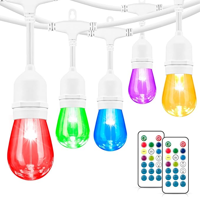Mlambert 48FT Outdoor Patio Lights, 6 Lighting Modes RGB Cafe String Lights with 15 Dimmable LED Shatterproof Bulbs for Deck Porch Gazebo-White 1 Pack
