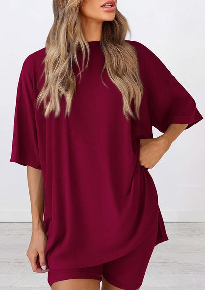 PRETTYGARDEN Women 2 Piece Lounge Set 2026 Summer Casual Oversized Shirts Biker Shorts Matching Airport Travel Outfit Clothes