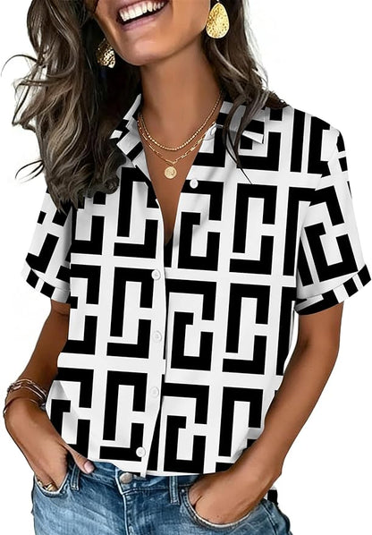 Zeagoo Button Down Shirts for Women Short Sleeve Collared Tops Dressy Casual V Neck Blouses