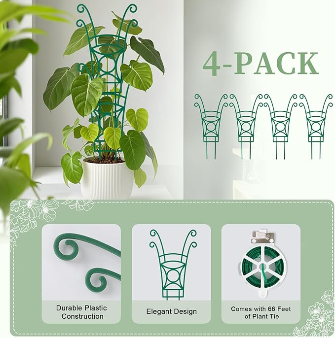 4 Pack Stackable Plant Trellis for Climbing Plants, Indoor/Outdoor Garden Trellis, Plant Support for Vine Ivy Hoya & Houseplants Flower
