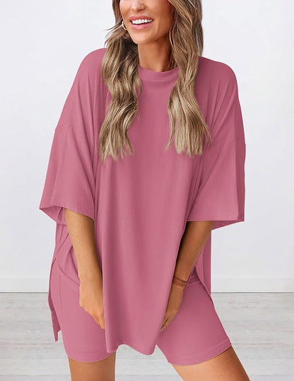 PRETTYGARDEN Women 2 Piece Lounge Set 2026 Summer Casual Oversized Shirts Biker Shorts Matching Airport Travel Outfit Clothes