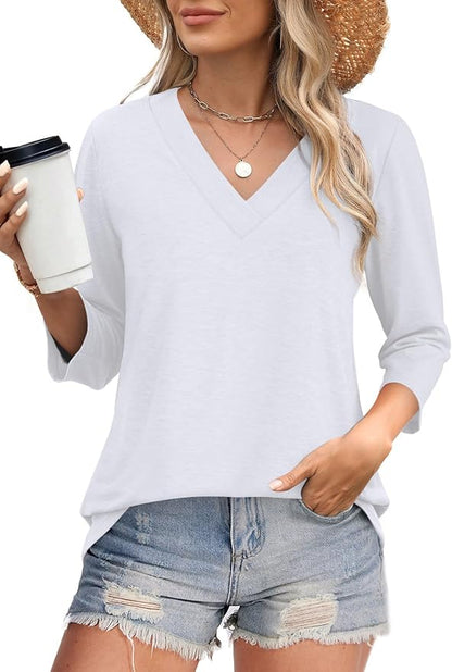 WIHOLL Womens Tops 3/4 Length Sleeve V Neck Casual Tunic Tops Basic Shirts Loose Fit Blouse