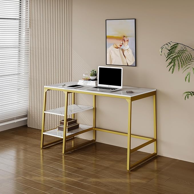 CIVANA Metal Office Desk，43 Inch Small Study Desk,Gold Office Desk with 2 Tier Storage Space，Computer Desk Modern Simple Style，Sturdy Writing Workstation for Home & Office，White Marble + Gold Leg