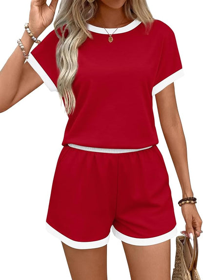 WIHOLL Two Piece Sets for Women Summer Lounge Short Sets Cap Sleeve Crew Neck Sweatsuit with Pocket XS-2XL