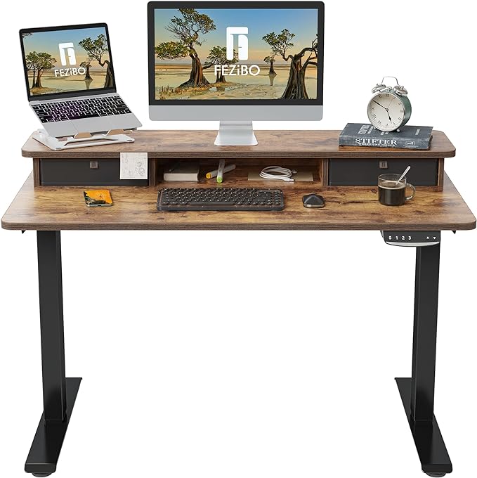FEZIBO 40 x 24 Inch Height Adjustable Electric Standing Desk with Double Drawer, Stand Up Desk with Storage Shelf, Sit Stand Desk, Rustic Brown