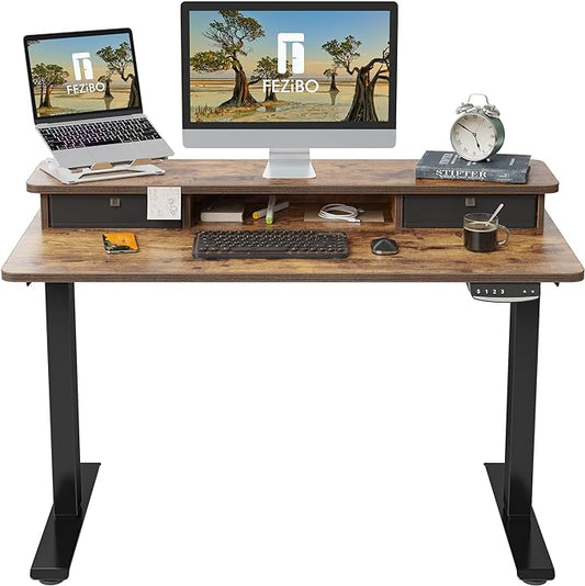 FEZIBO 40 x 24 Inch Height Adjustable Electric Standing Desk with Double Drawer, Stand Up Desk with Storage Shelf, Sit Stand Desk, Rustic Brown