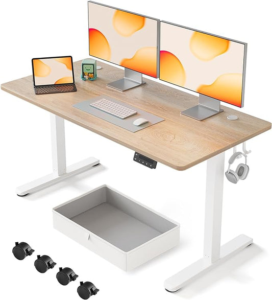 FEZIBO 63 x 24 Inches Standing Desk with Drawer, Adjustable Height Electric Stand up Desk with Storage, Sit Stand Home Office Desk, Ergonomic Computer Desk, Maple