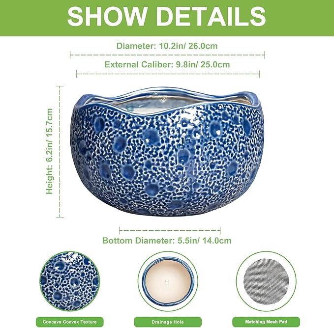 10 Inch Plant Pot - Ceramic Pots for Plants Indoor Outdoor, Round Bonsai Pots with Drainage Hole, Decorative Flower Pot, Modern Unique Planters, House Decor, Housewarming Gifts, Blue