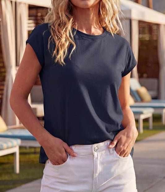 GRECERELLE Womens Summer Tops Cap Sleeve Crew Neck Basic T-Shirt | Everyday Casual Wear, Layering Friendly, Wrinkle-Resistant, Business Casual Ready, Lightweight & Packable, Capsule Wardrobe