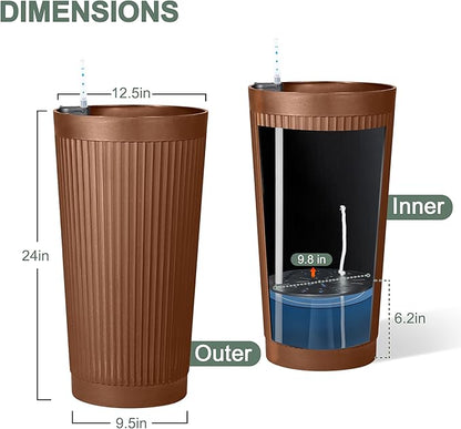 Set of 2 Large Planter Outdoor Self Watering Pots for Indoor Plants, 24" Tall Planters with Drainage Hole for Patio, Garden (Brown Ribbed)