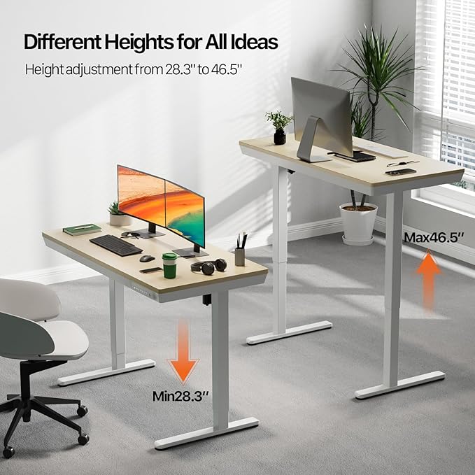 Electric Standing Desk with Drawers, Whole Piece 48 Inches Adjustable Height Desk, Modern Sit Stand Up Desk,Ergonomic Rising Desk for Home Office Workstation, Light Wood