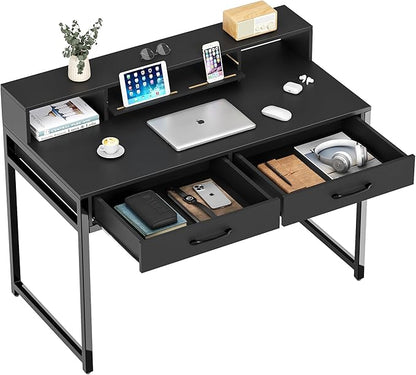 Computer Desk with Drawers, 47" Home Office Desk with Monitor Shelf, Writing Desk with Storage, Gaming Desk Work Desk Study Desk for Bedroom, Black