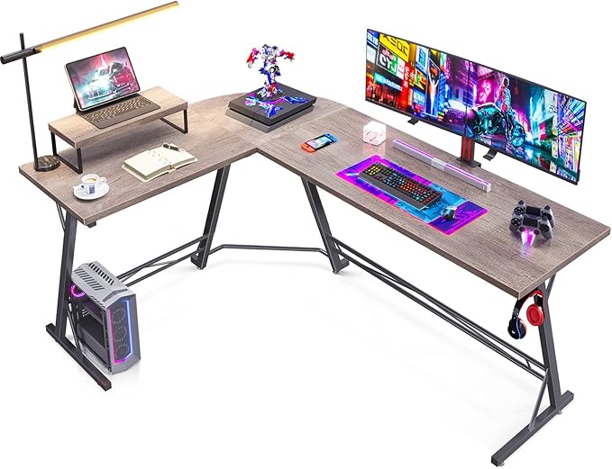Casaottima Gaming Desk L Shaped Computer Desk, Corner Desk for Home Office with Monitor Stand 66", Gray Oak