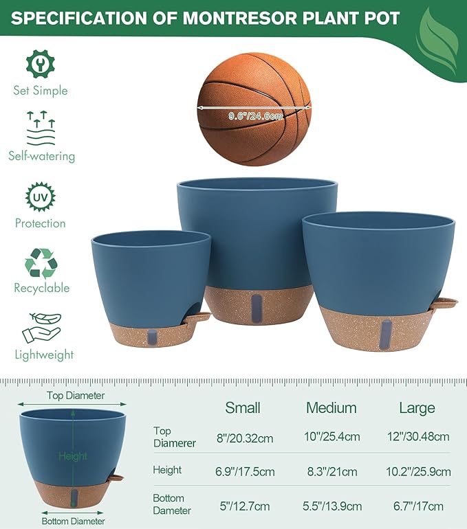 montresor 2-Pack of 8inch Self Watering Pots Blue Sturdy Plastic Flower Pot for Indoor Plants with Cotton Rope and Visual Water Storage Tray, Plastic Pots for Plants
