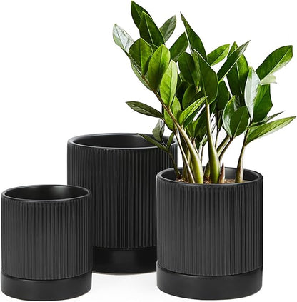 LaDoVita 3 Pack Ceramic Plant Pots 6/5/4 inch, Flowerpot for Indoor Plants with Drainage Holes and Tray, Outdoor Garden Planters, Modern Decorative for Home, Black Vertical Stripes