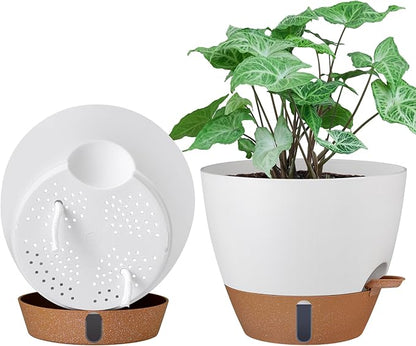 montresor 2 Pack 10 inch Plant Pots, PP Plastic Self Watering Plant Pot with Drainage and Tray for Indoor Outdoor Plants, Water Level Window & Reservoir Flower Pots Decorative Planter (White)