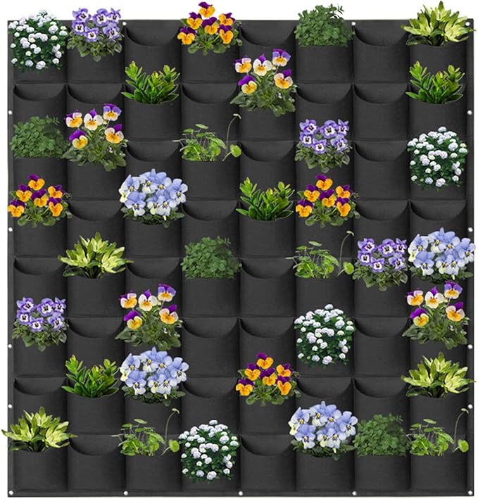 64 Pockets Hanging Planter Bags, Hanging Vertical Wall Mounted Plant Planting Grow Bags, Herb Garden Planter Outdoor Indoor Growing Bag, Gardening Vertical Greening Flower Container(1m×1m, Black)