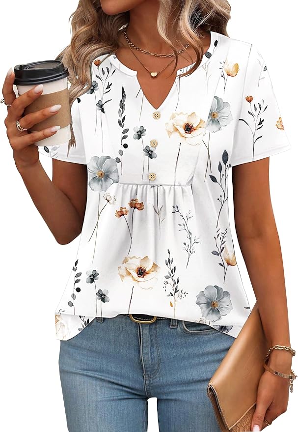 Zeagoo Womens Short Sleeve Tops Summer Henley V-Neck Tshirts Casual Pleated Blouse Dressy Loose Floral Basic Tee