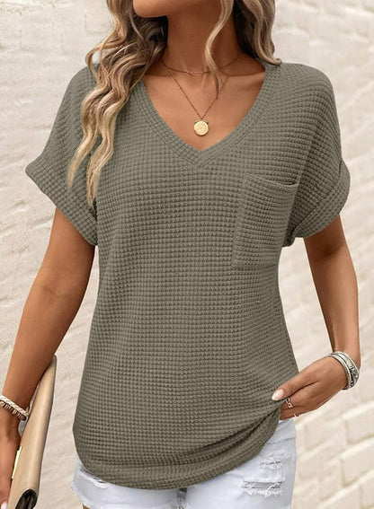 Dokotoo Womens Waffle Knit Tops 2026 Spring Summer V Neck Shirts Casual Trendy Women's Blouses Basic Tee