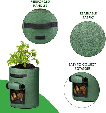 Delxo 5 Pack 7 Gallon Potato Growing Bags, Planter Garden Grow Bags with Flap, Double Layer Breathable Nonwoven Cloth for Planting,Vegetable,Tomato,Aeration Fabric Pots with Handles Green