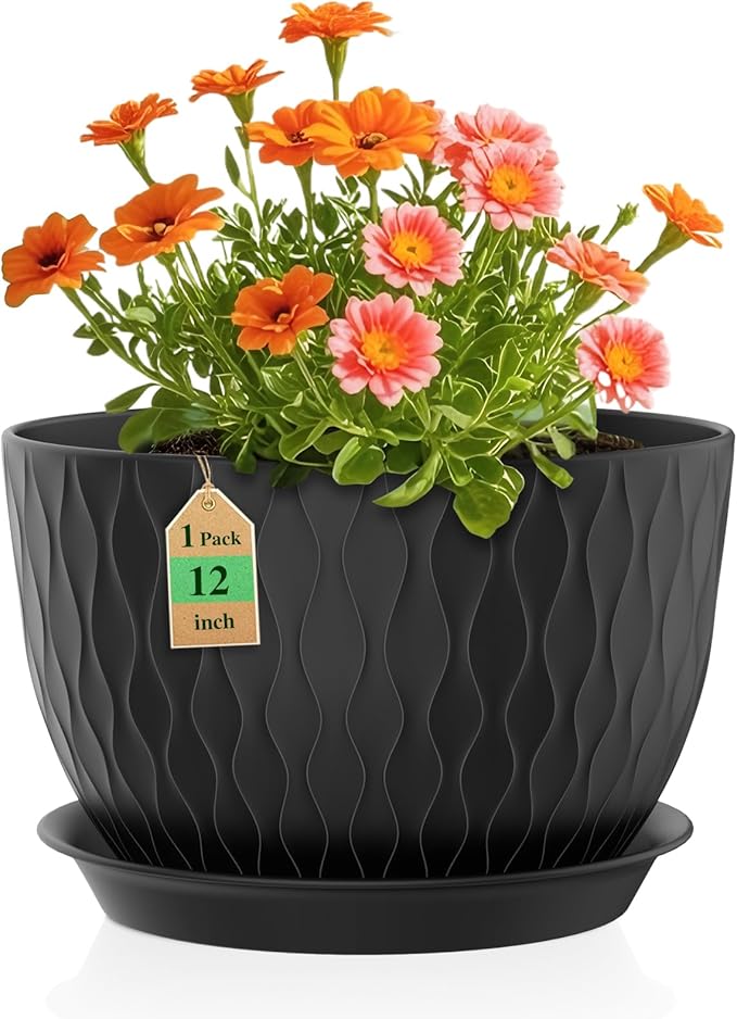 12 Inch Large Plant Pots for Indoor or Outdoor Plants, Wide Water Ripples Flower Pots with Drainage Holes & Saucer, Plastic Planters Set for Garden & Home Decor (Black)