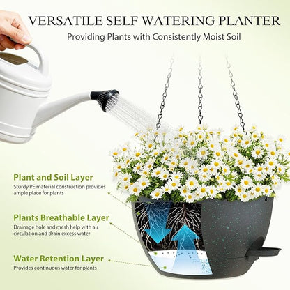 10 Inch Hanging Baskets 2 PC with Chains, Self-Watering Hanging Planters for Indoor Outdoor Plants, Plastic Hanging Flower Pots,Black with Green Speckles